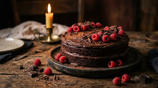 Moody still life of chocolate cake with raspberries on a wooden table