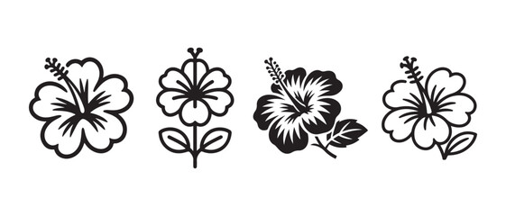 Obraz premium Set of four black hibiscus flower icons and botanical vector illustrations for tropical design.