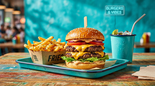 Mouthwatering double-decker burger with fries and drink