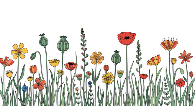 Vibrant row of colorful hand-drawn wild flowers and poppy seed pods creates a beautiful horizontal border for spring themes.