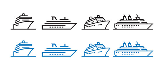 Set of simple cruise ship icons and ocean liner symbols in black and blue line art style. © Safali