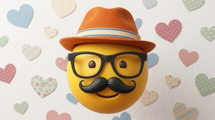 Fototapeta premium 3d render of a yellow emoji with a hat, glasses, and mustache