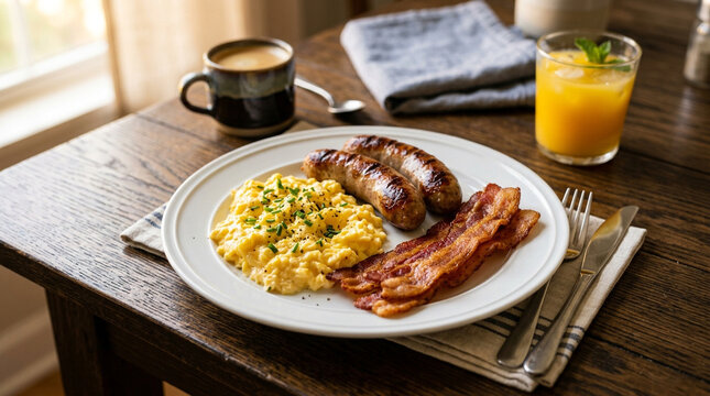 Mouthwatering breakfast plate with scrambled eggs, bacon and sausage