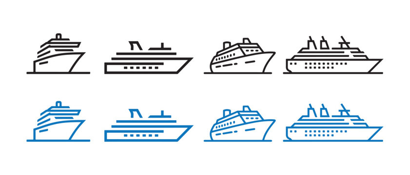 Set of simple cruise ship icons and ocean liner symbols in black and blue line art style.