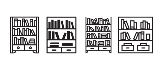 Set of four different wooden bookshelves with books and storage drawers represented as simple black outline icons. © Safali