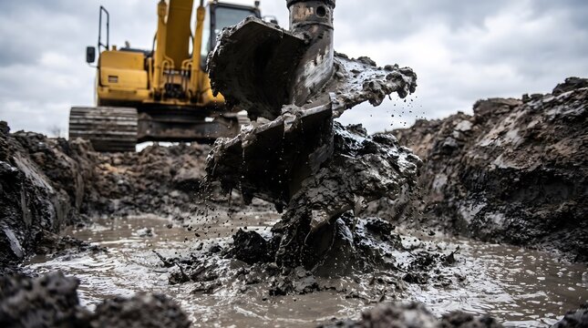 Excavator auger drilling wet earth during cloudy day construction