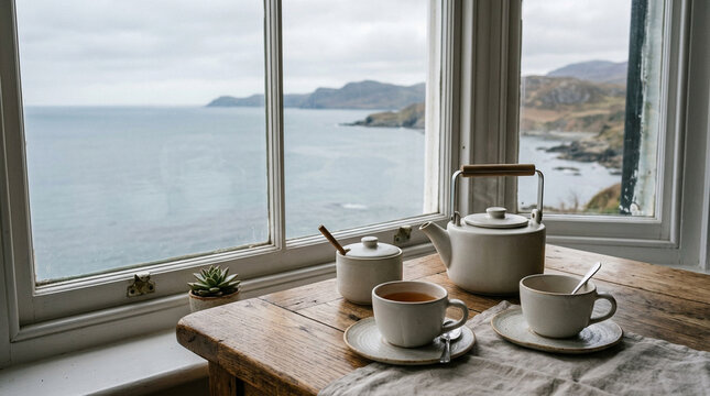 Serene still life with tea cups on a wooden table by a window overlooking the ocean