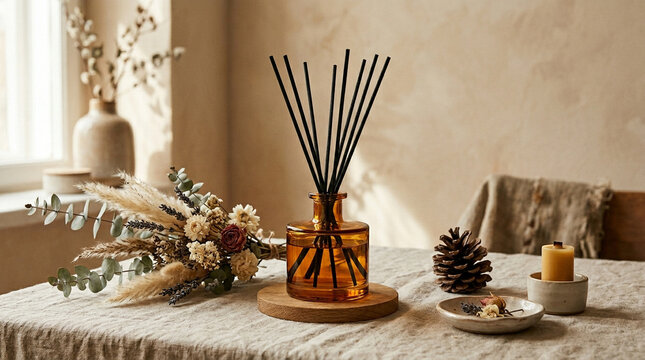 Serene still life composition on table with reed diffuser