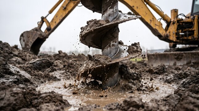 Excavator auger drilling into wet muddy ground during construction work