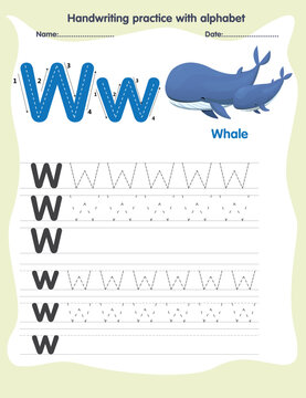 Letter w handwriting practice sheet with whale illustration vector graphic