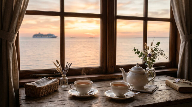 Serene still life with tea cups on a table by a window overlooking ocean at sunset