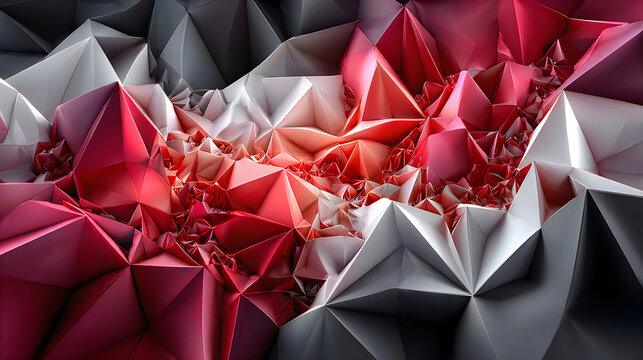Abstract geometric background with low poly triangular shapes in shades of red, white, and grey, creating a modern 3d crystalline structure and textured surface