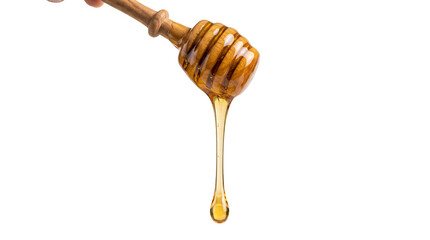 Golden honey dripping from wooden dipper, organic liquid nectar flowing from wood stick, sweet amber syrup for culinary and wellness use isolated PNG with Transparent Background © MRamzan