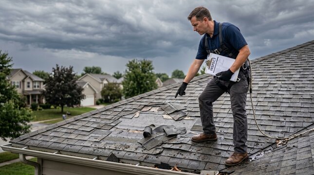 Storm Damage Drone Roof Inspection male contractor pointing at torn asphalt tiles assessing structural issues against cloudy sky suitable for home insurance claims repair estimates