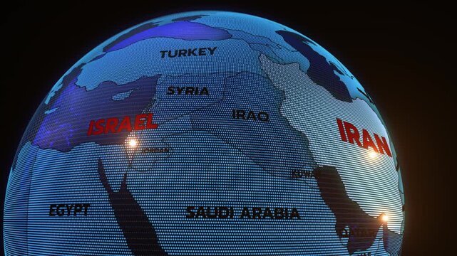  A 3D world map highlights Israel, and Iran, the Middle East, IRAN map, Israel map, iran israel war, iran israel map