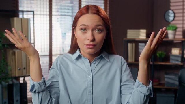 Portrait Caucasian business woman shocked amazed showing brain explosion mind burst frustrated feeling shock businesswoman show terrible bad news sign sad upset female student girl wonder in office