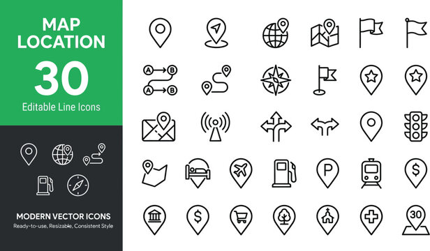 Map location icons provide a comprehensive collection of navigation and travel symbols for digital interface design.