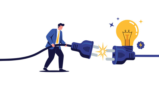 Businessman connecting an electrical plug to a large lightbulb symbolizing the moment of a brilliant creative idea.