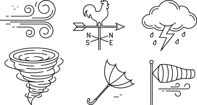 Severe weather forecast outline icon set featuring wind weather vane thunderstorm tornado broken umbrella and windsock vector illustration