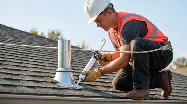 Vent Caulking Gun Roof Sealant male worker in safety vest and hardhat applying adhesive around metal pipe on top of house suitable for hvac installation guides weatherproofing banners