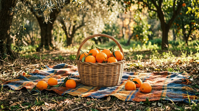 Oranges in wicker basket on plaid blanket in orchard