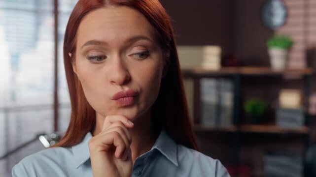 Close up Caucasian puzzled business woman thinking idea holding chin pensive businesswoman think in office student girl decide problem solution thoughtful female specialist consider difficulty trouble