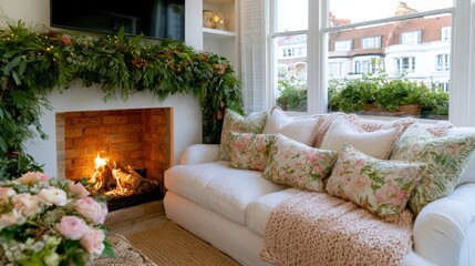 Obraz premium Cozy living room with a roaring fireplace and festive garland draped over the mantelpiece