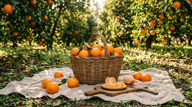 Oranges spilling out of a wicker basket in an orchard
