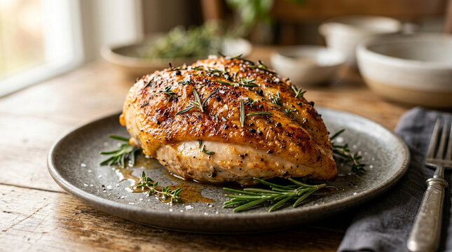 Roasted chicken breast on plate with herbs