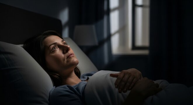 Woman lying in bed with insomnia. Tired female suffering from sleep disorder during night. Hormonal imbalance, anxiety and stress affecting rest. Women health and mental wellbeing concept.
