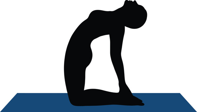 Yoga practitioner demonstrates the camel backbend pose in a flat black silhouette on a blue mat.