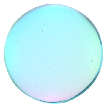 A single, large, iridescent 3D liquid gel bubble or water drop with pastel cyan and pink reflections, isolated on a transparent background.