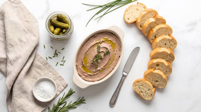 P&acirc;t&eacute; with herbs and olive oil served with baguette slices and cornichons on marble
