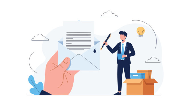 Businessman holding a pen and taking notes next to a giant hand holding a large white envelope for communication.
