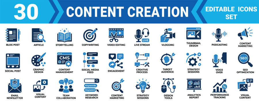 Set of thirty flat vector icons for content creation marketing strategy and digital social media design Editable Vector Illustration Mega pack