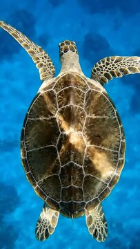 A turtle gracefully swims in crystal-clear blue water, showing intricate shell. Captures underwater world's beauty