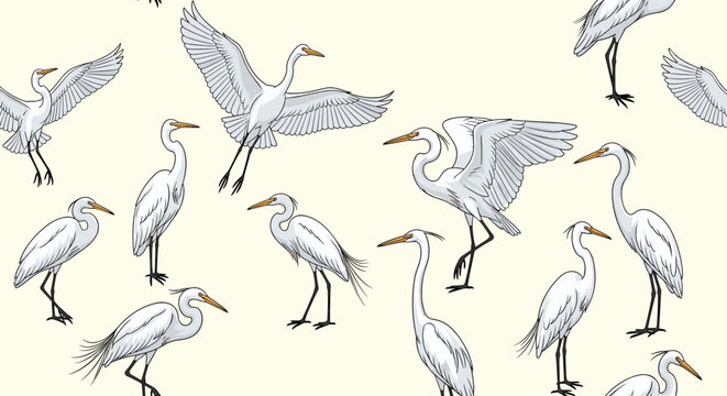 Elegant seamless pattern of white egret birds standing and flying on a light cream background for elegant home textiles.