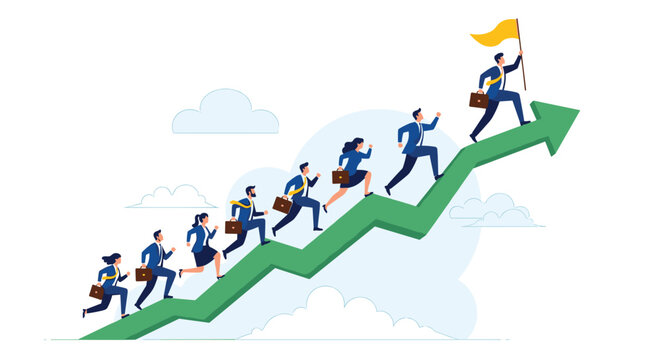 Group of ambitious business professionals running up a large rising green arrow to signify collective success and corporate growth targets.