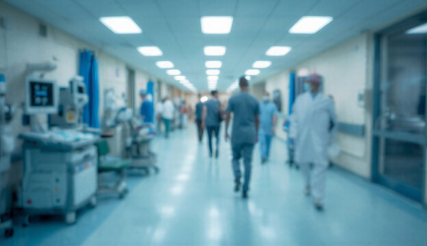 Blurry image of several people walking through a hospital hallway, with medical equipment visible in the background.