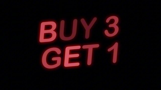 Bold Red Neon Banner 'BUY 3 GET 1' Seamless Loop on Transparent Alpha Channel, Great for eCommerce Campaigns