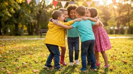 Fototapeta premium Diverse group of happy children hugging tightly in a park during autumn