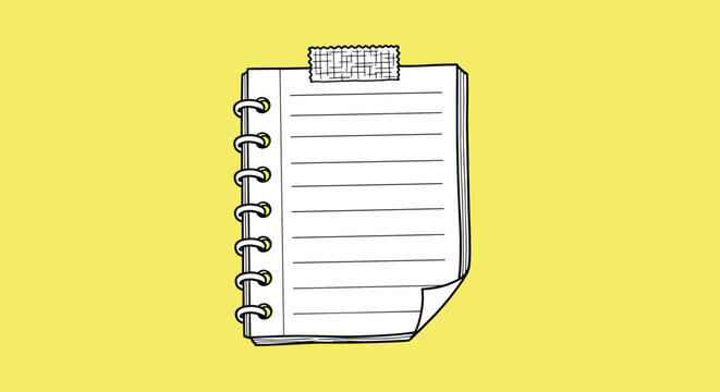 Spiral bound notepad icon on a yellow background for office supplies, journaling, and education concepts in a hand drawn style.