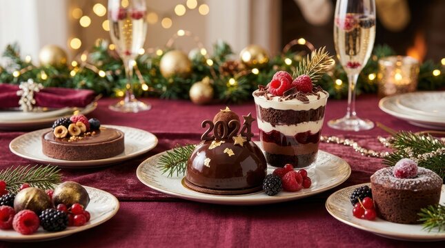 Elegant New Year's Eve dessert spread with festive decorations and champagne