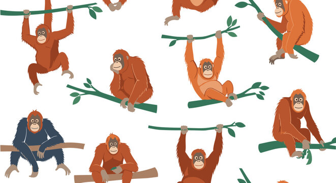 Seamless pattern of orange orangutans hanging from green branches and sitting in various natural poses in the rainforest.