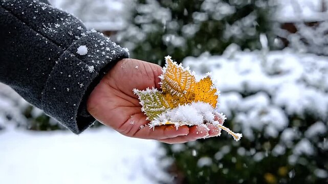Hand gently holding frosted autumn leaves in a snowy winter landscape