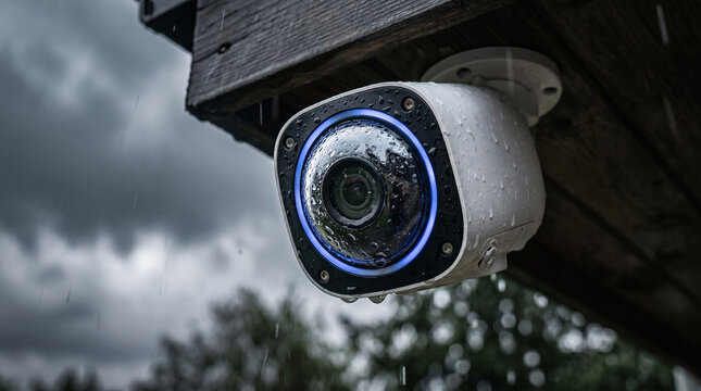 Weatherproof security camera with blue ring and raindrops on a wooden structure outdoors in stormy weather conditions