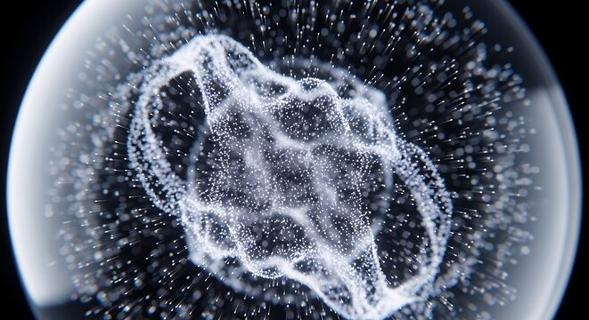 A white substance resembling a cell or microorganism in a transparent sphere on black background