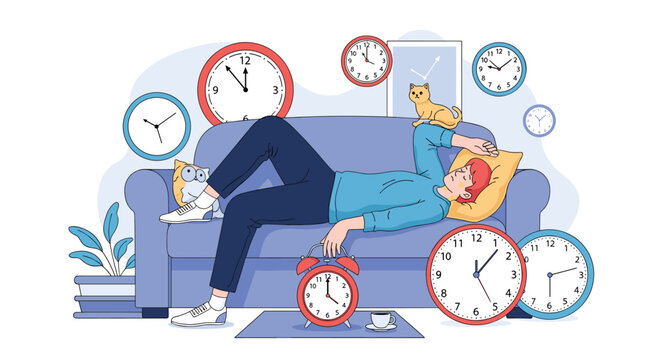 Tired person sleeping on a sofa surrounded by multiple floating clocks and a pet cat representing procrastination and time management.