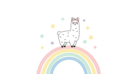 Obraz premium Whimsical llama character standing on a colorful pastel rainbow surrounded by stars for magical and children themed designs.