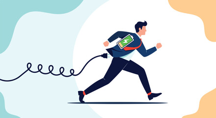 Fototapeta premium Professional running with a battery icon on his back and a power cord representing energy levels and workplace motivation.
